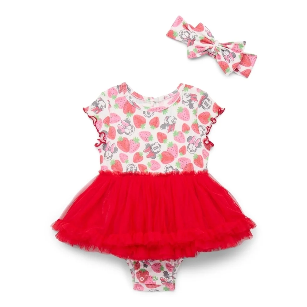 NWT Disney Baby Minnie Mouse Red & Pink Strawberry Romper w/ Headband 6/9 Months